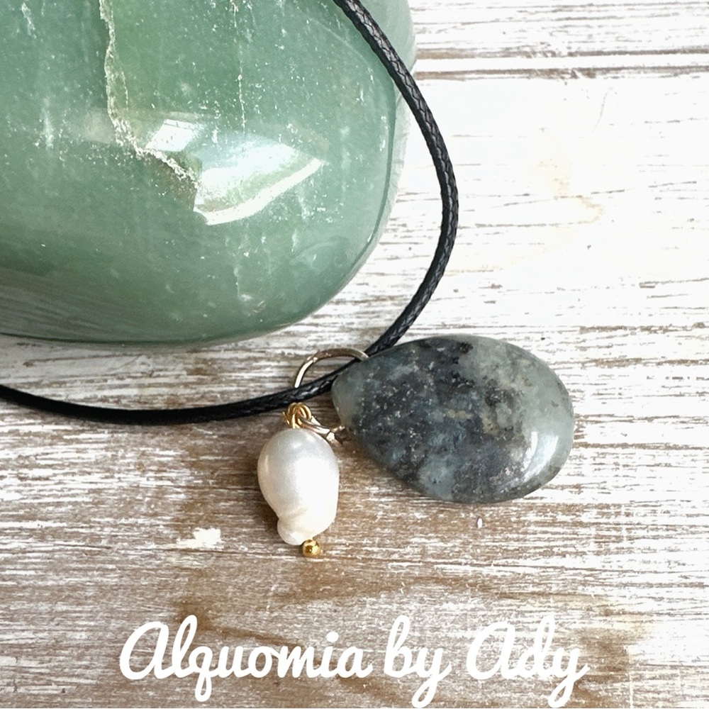 Pearl and labradorite charms black long cord necklace